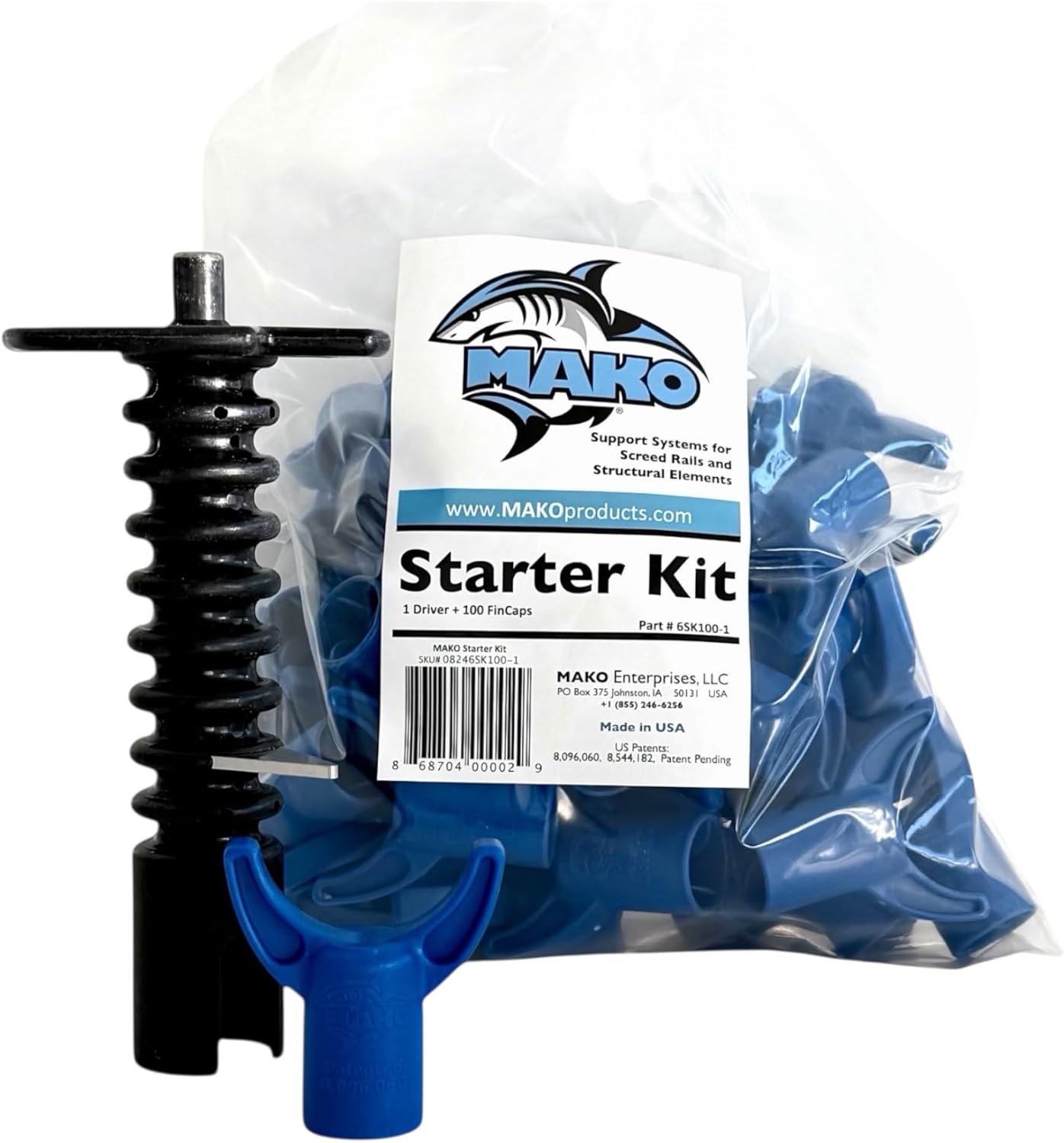 MAKO Starter Kit – Driver & (50) FinCap Concrete Screed Support Chairs for Accurate Slab-on-Grade Construction - Easy Screed System Tool – Holds Up to 1000 lbs – Fins Screed Pipe Chairs