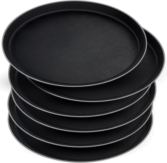 6 Pieces Restaurant Serving Tray, Non Slip Surface Round Tray Plastic Food Meals Server with Raised Edges for Home, Kitchen, Restaurant, Cafeteria, Bar, Hotel (Black, 6 Pcs 11 Inch)