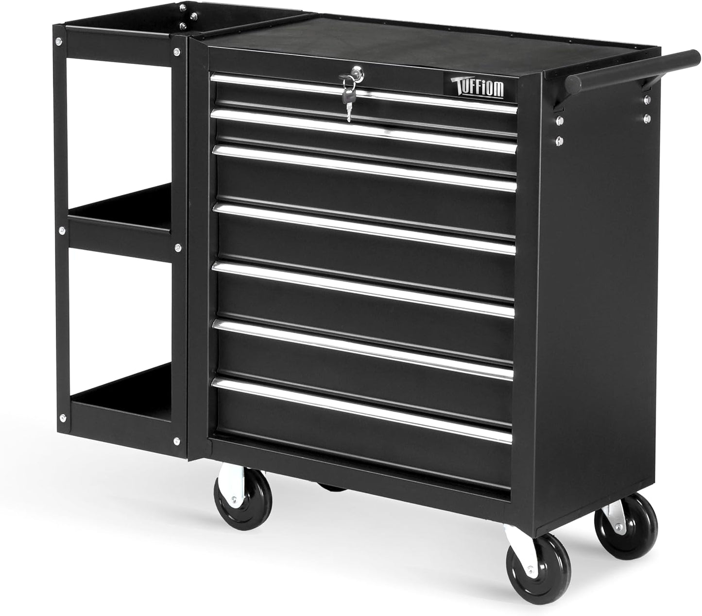TUFFIOM 7-Drawer Rolling Tool Chest with Side Shelves, Tool Storage Side Cabinet w\/Lockable Wheels, Top Cushion & Drawer Liners, Tool Organizer Box for Garage, Warehouse & Repair Shop
