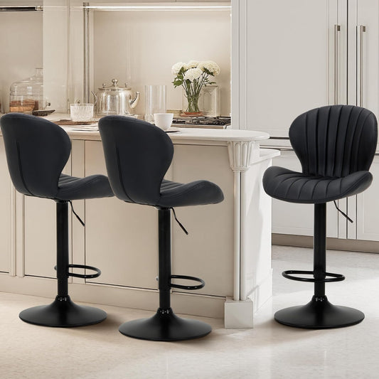 Homixis Bar Stools Set of 3, Adjustable Faux Leather Counter Height Barstools with Footrest, Swivel Bar Chairs 24-32inch for Bar, Kitchen Island, Dining Room,Black