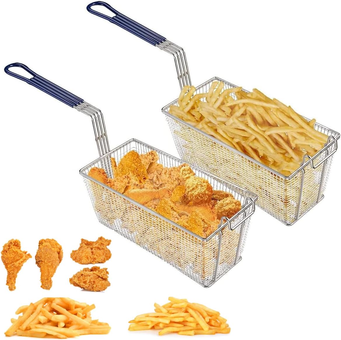 2PCS Deep Fryer Basket Commercial Use, Non-Slip Handle Heavy Duty Nickel Plated Iron Construction Chip Basket, 13 1/4" x 6 1/2" x 6, Restaurant Kitchen Frying Chips Fish Sausages.