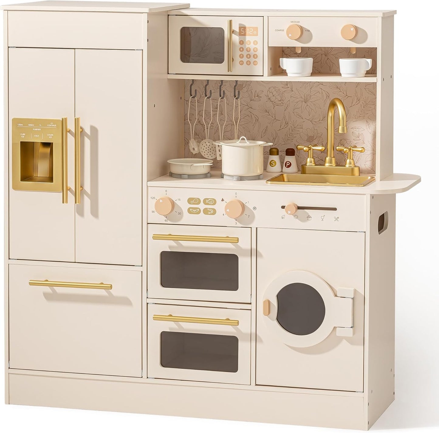 ROBOTIME Wooden Play Kitchen for Kids, Toddler Kitchen Set with Refrigerator, Dishwasher & Oven – Beige Kitchen Playset with Gold Sink & Handles, Toy Kitchen for Girls and Boys Ages 3