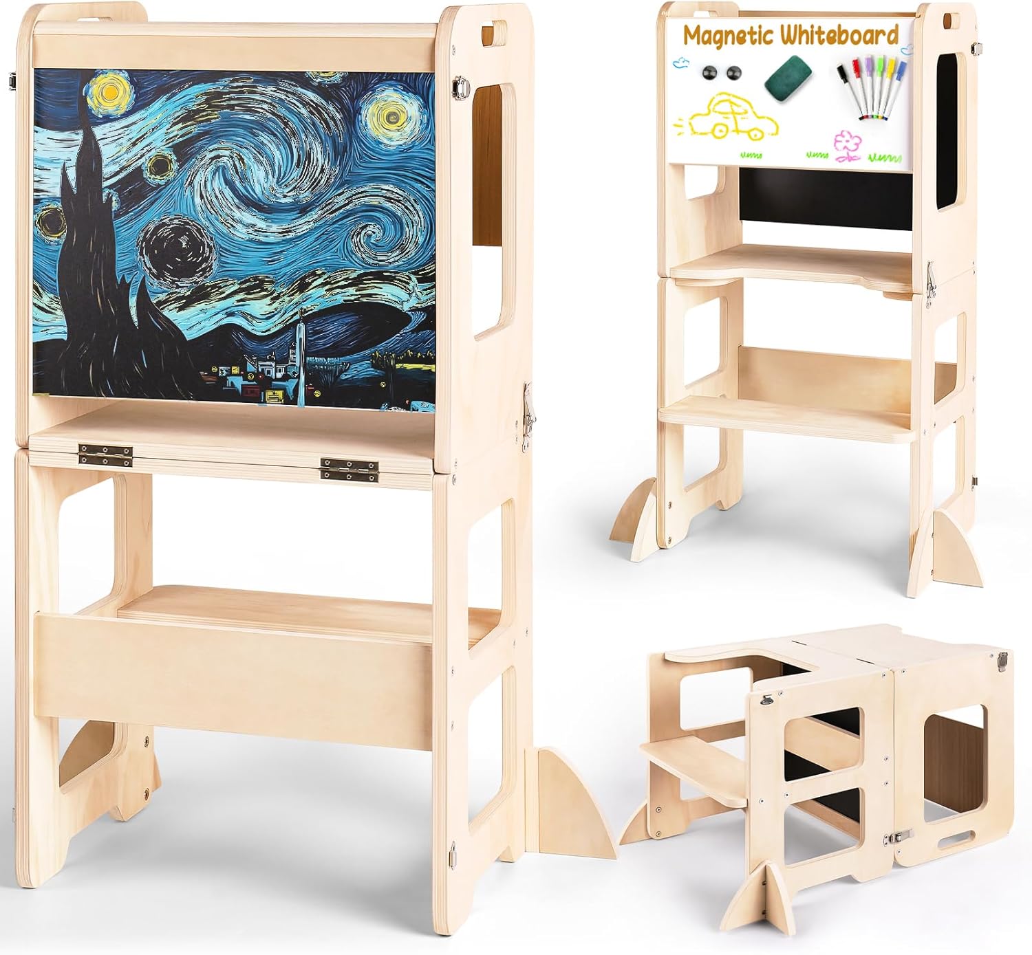 4-in-1 Toddler Kitchen Step Stool, Foldable Learning Standing Tower with Chalkboard and Whiteboard, Wooden Kitchen Stool Helper for Kids, 1-3 Year Old Boy Girl Gifts