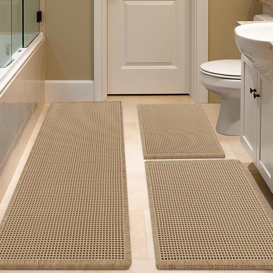 IM HOME Waffle Bath Mat Set 3 Piece Beige,Woven Modern Bath Rug Mats, Absorbent Non Slip Bath Floor Mat, Soft Washable Boho Bath Rugs with Tassels for Bathroom, Bedroom, Kitchen,Tub