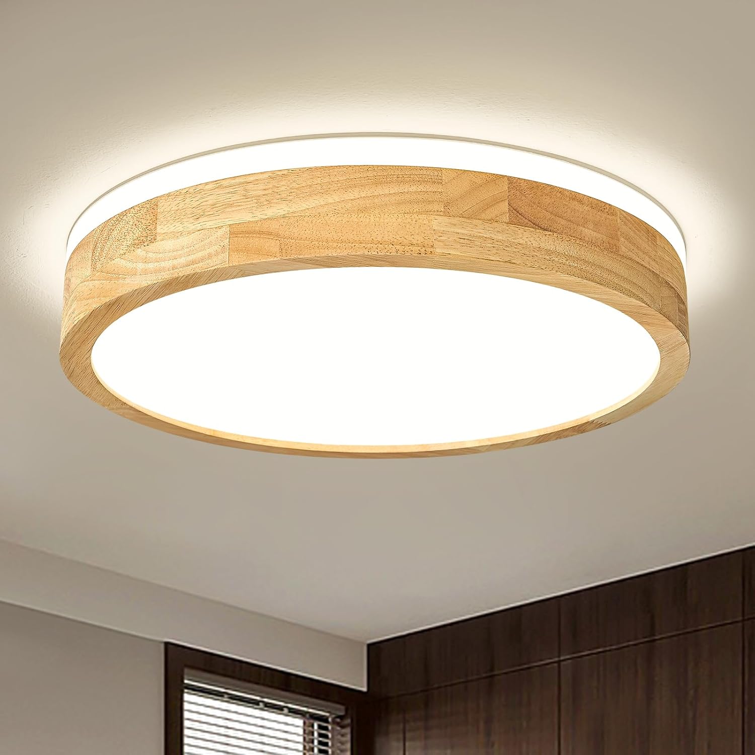 Pevfah Modern Dimmable Wood Flush Mount Ceiling Light, 2700K-6000K 5CCT Round Close to Ceiling Lighting Fixtures, Minimalist LED Ceiling Lamp for Bedroom, Kitchen, Hallway, Living Room-15.74in