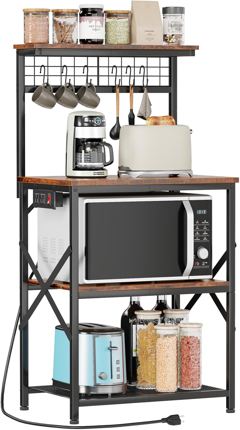 Furologee Kitchen Bakers Rack with Power Outlet, Microwave Oven Stand with Storage 4 Tiers, Coffee Bar Table with 6 S Hooks, Kitchen Storage Shelf Rack for Spices, Pots, Rustic Brown