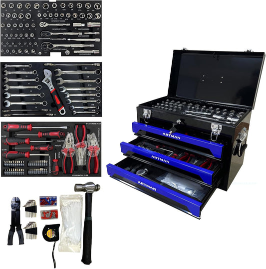 439-Piece Mechanic Tool Set in Heavy-Duty 3-Drawer Steel Box with 4-Tier Socket, Wrenches & Pliers. Portable Household Tool Kit Organizer Case for Auto Repair, Garage, Workshop. Blue