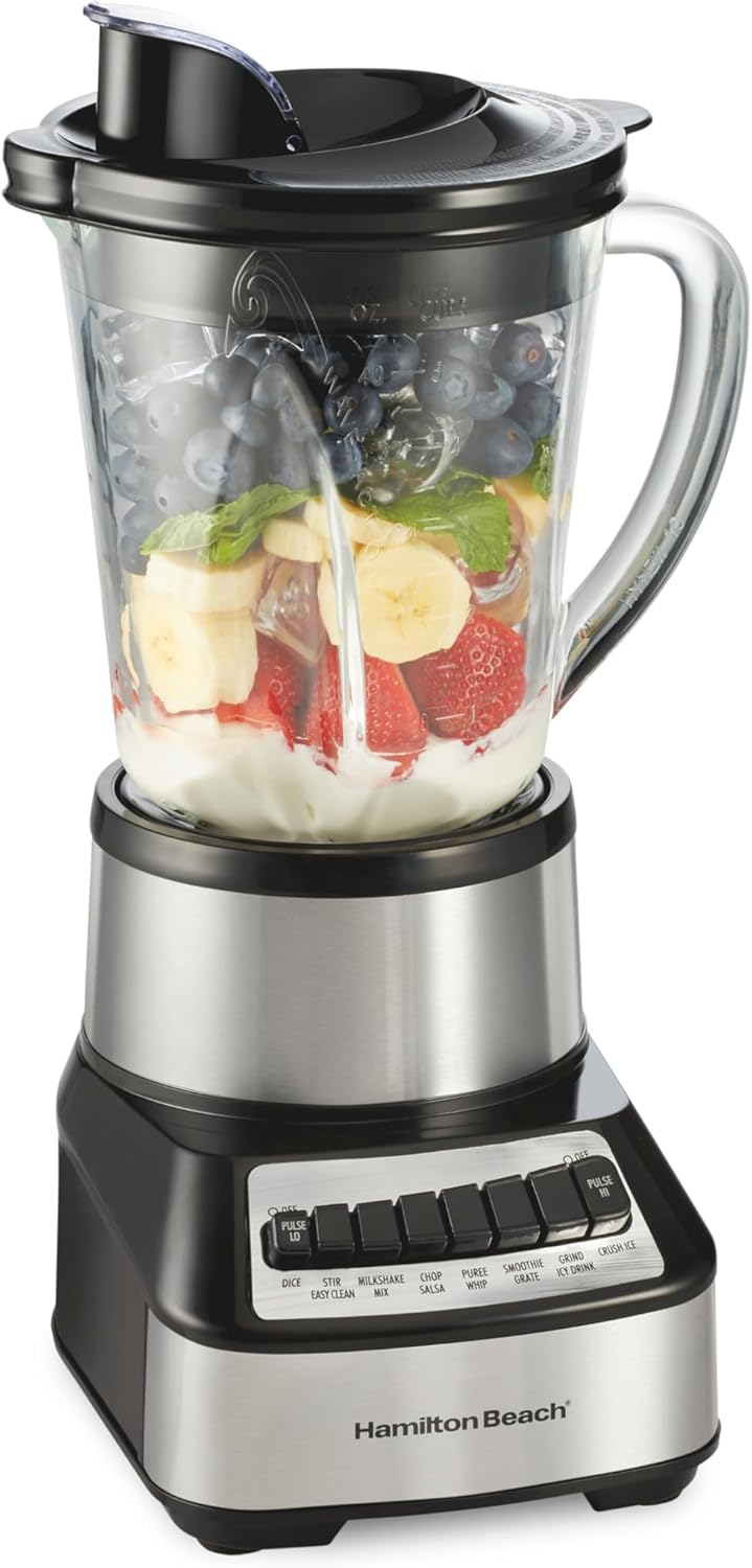 Hamilton Beach Wave Crusher Blender For Smoothies With 40 Oz Glass Jar and 14 Functions, Ice Sabre Blades & 700 Watts for Consistently Smooth Results, Black + Stainless Steel (54221)