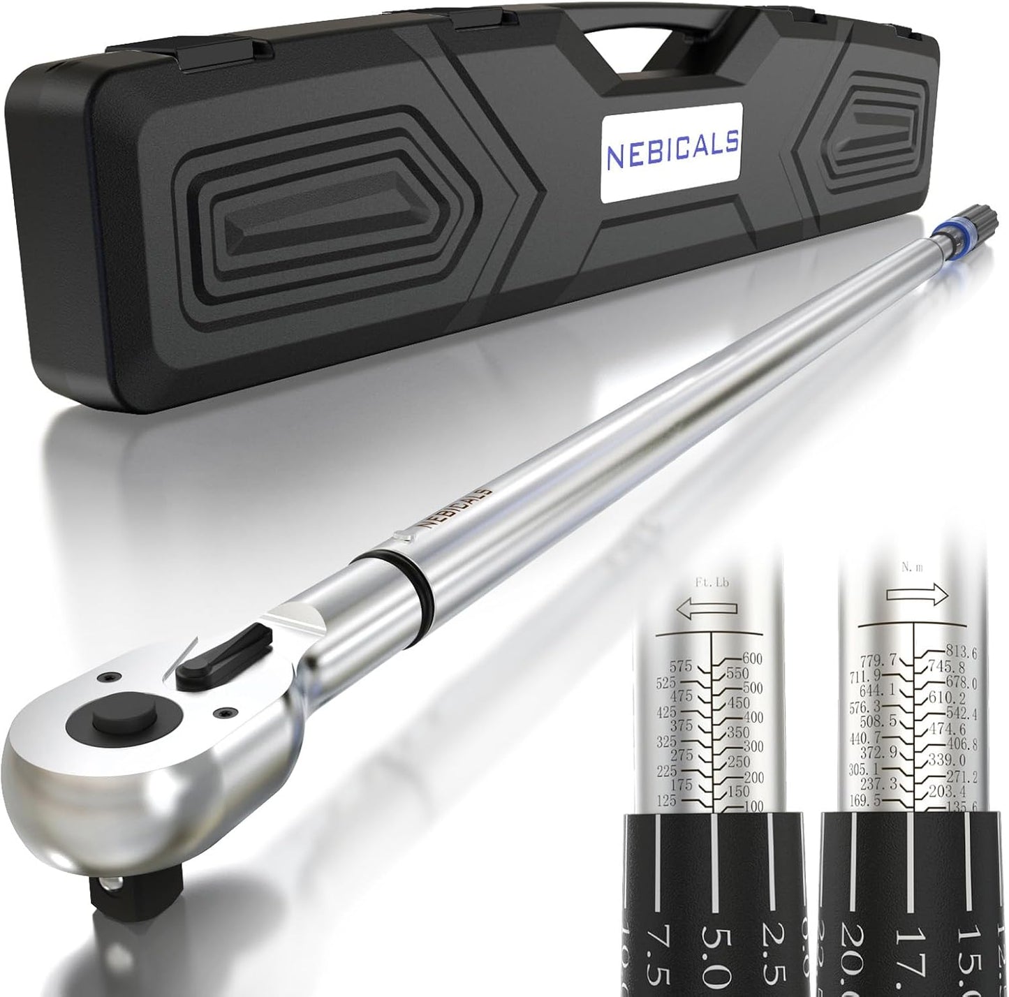 NEBICALS 3\/4 Inch Drive Torque Wrench 100-600 ft lb \/135-813 NM\/High hardness & strength\/Long lifetime\/Less effort for Off-road equipment\/Truck\/Motor homes\/Drilling platform\/Excavator