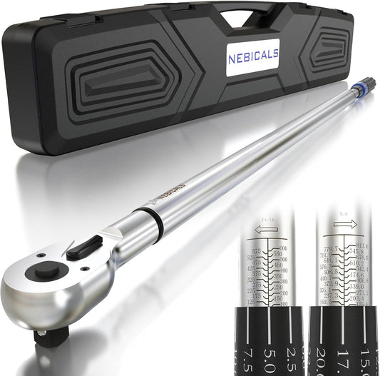 NEBICALS 3\/4 Inch Drive Torque Wrench 100-600 ft lb \/135-813 NM\/High hardness & strength\/Long lifetime\/Less effort for Off-road equipment\/Truck\/Motor homes\/Drilling platform\/Excavator