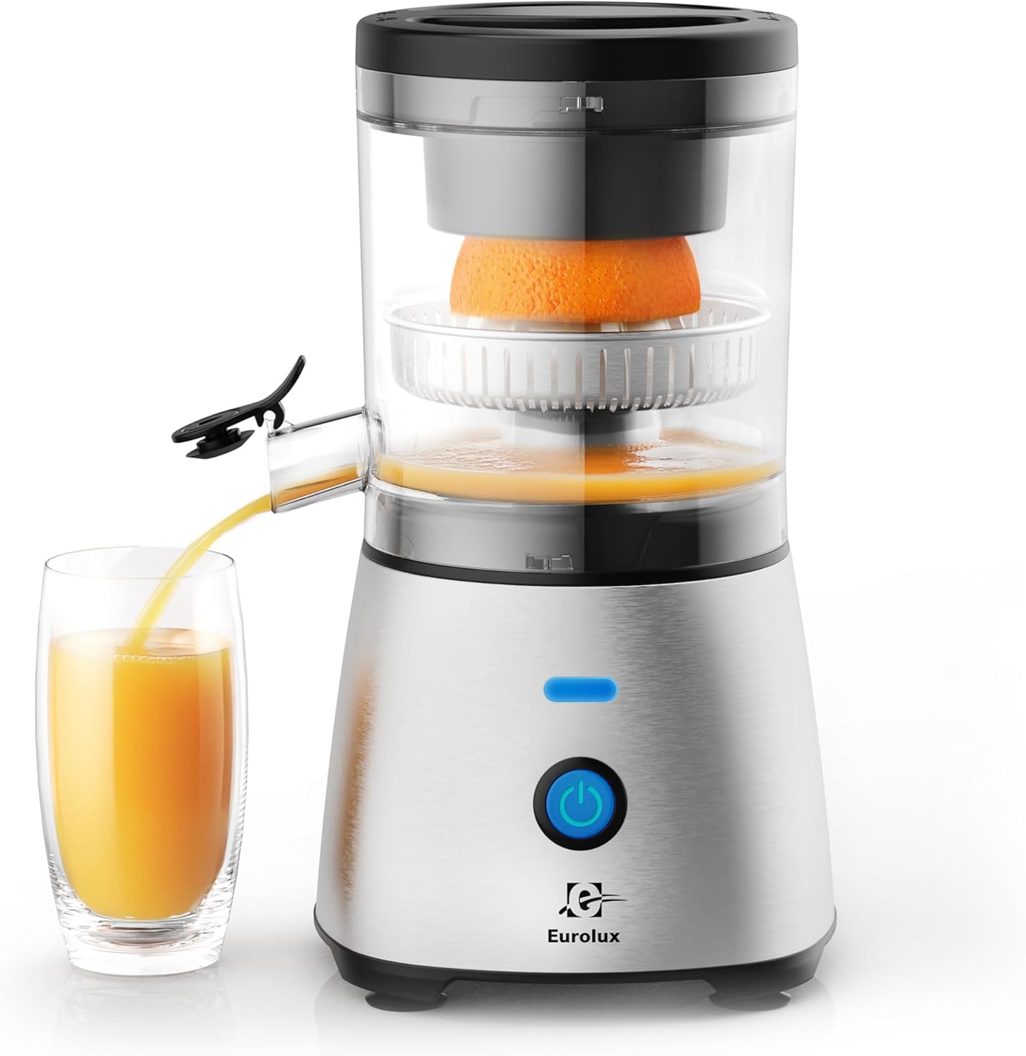 Eurolux Electric Citrus Juicer Stainless Steel | Premium Hands-Free One-Touch Orange Juice Squeezer for Oranges, Lemons, and Limes | Quiet Operation, Easy to Clean, Countertop Small Kitchen Appliance