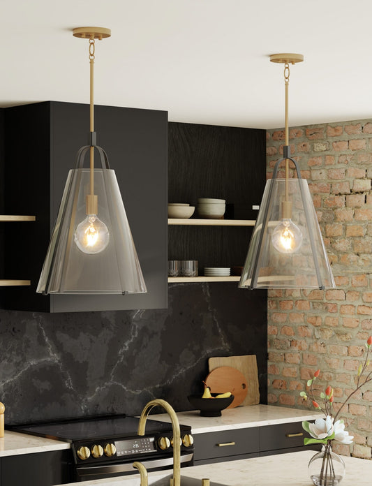 Minka Lavery Paxos 1 -Light Legacy Brass and Sand Coal Black Transitional Clear glass Glass Cone Medium Indoor Hanging Pendant Light