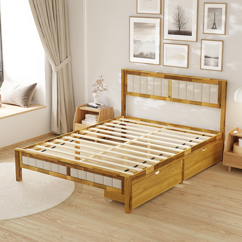 Homsee  Queen Size Solid Acacia Wood Bed Frame with 2 Drawers Upholstered Headboard and Sturdy Slats 83.9''L x 63.4''W x 42.1''H Brown