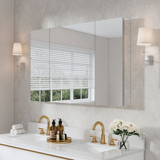 WELLFOR Combo Aluminum Medicine Cabinet 48-in x 30-in Surface/Recessed Mount Silver Mirrored Rectangle Soft Close Medicine Cabinet