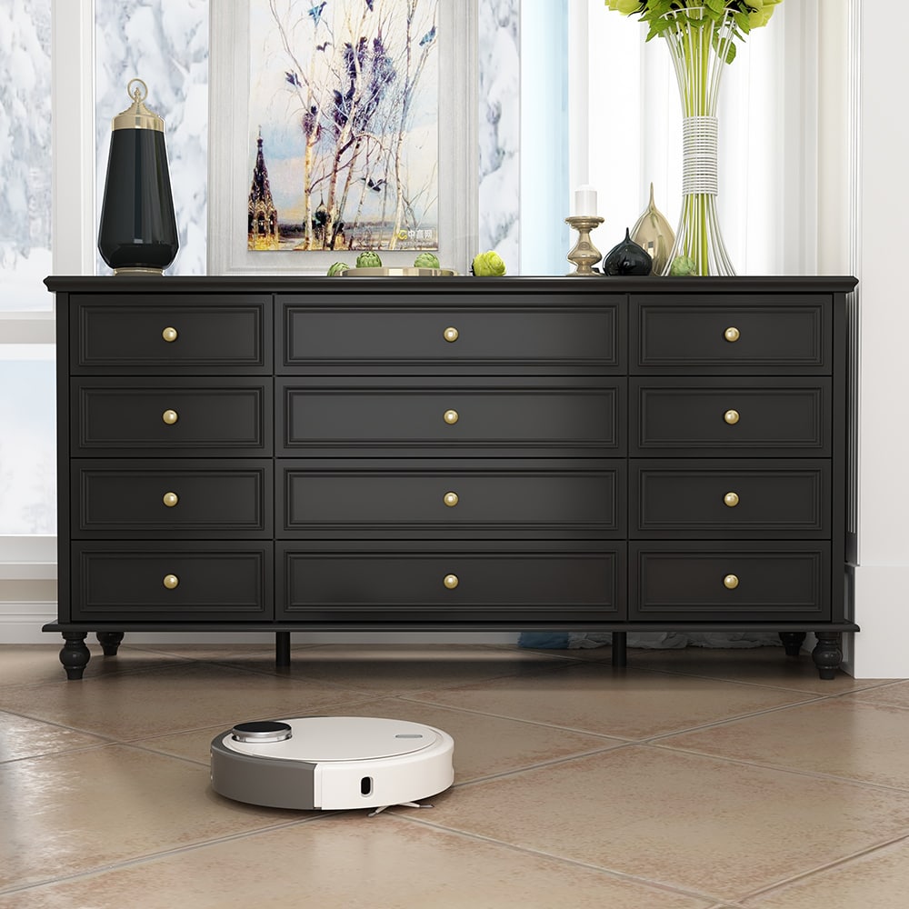 Homsee Modern Black 12-Drawer Dresser with Wooden Legs and Gold Handles 63 in. Wide Chest for Bedroom Living Room or Nursery