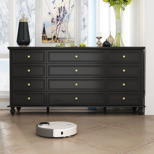 Homsee Modern Black 12-Drawer Dresser with Wooden Legs and Gold Handles 63 in. Wide Chest for Bedroom Living Room or Nursery