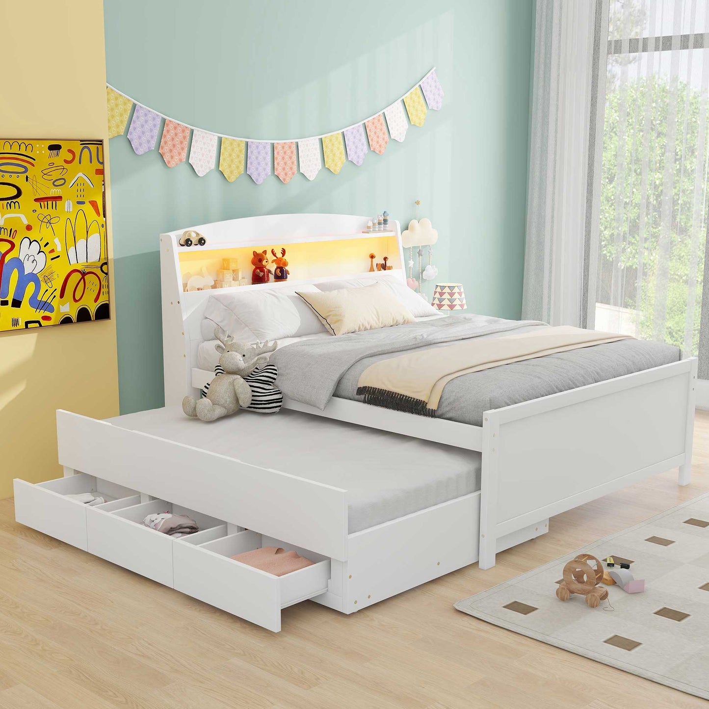 ModernLuxe Full Size Platform Bed with Storage LED Headboard Twin Size Trundle and 3 Drawers White