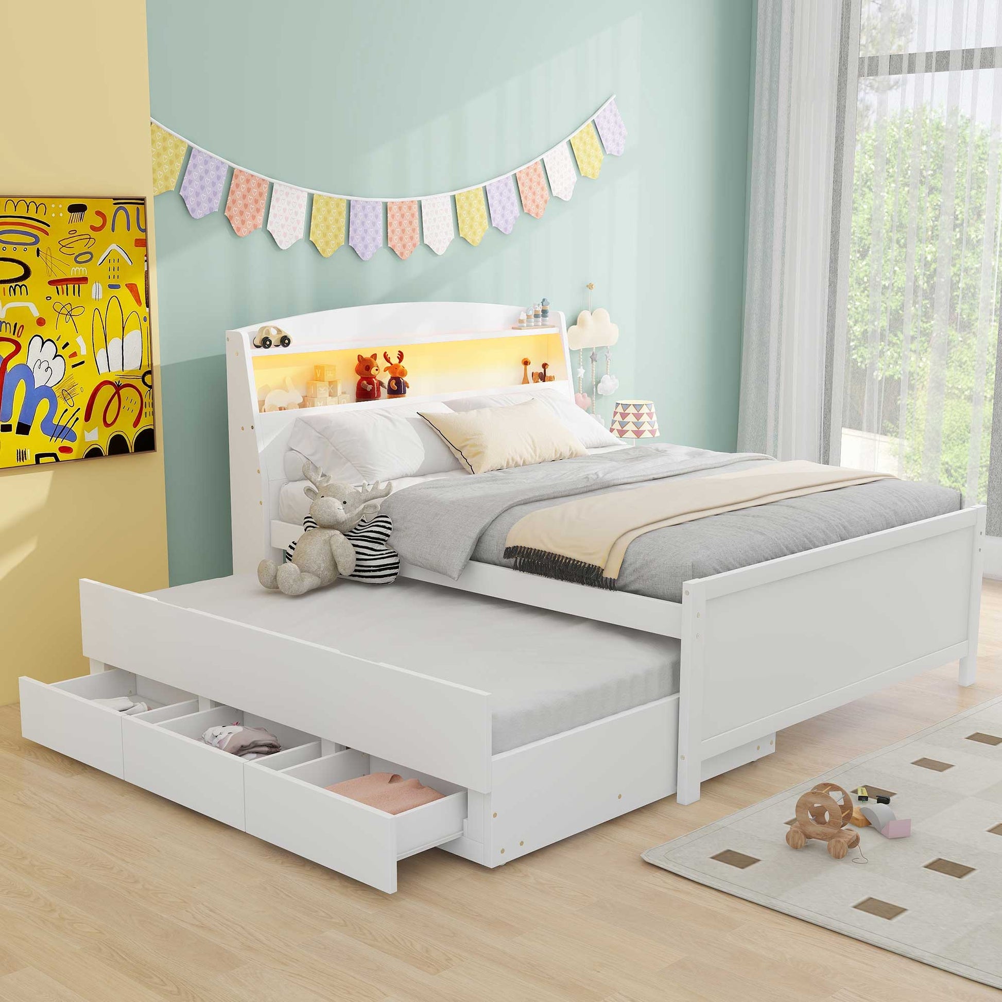 ModernLuxe Full Size Platform Bed with Storage LED Headboard Twin Size Trundle and 3 Drawers White
