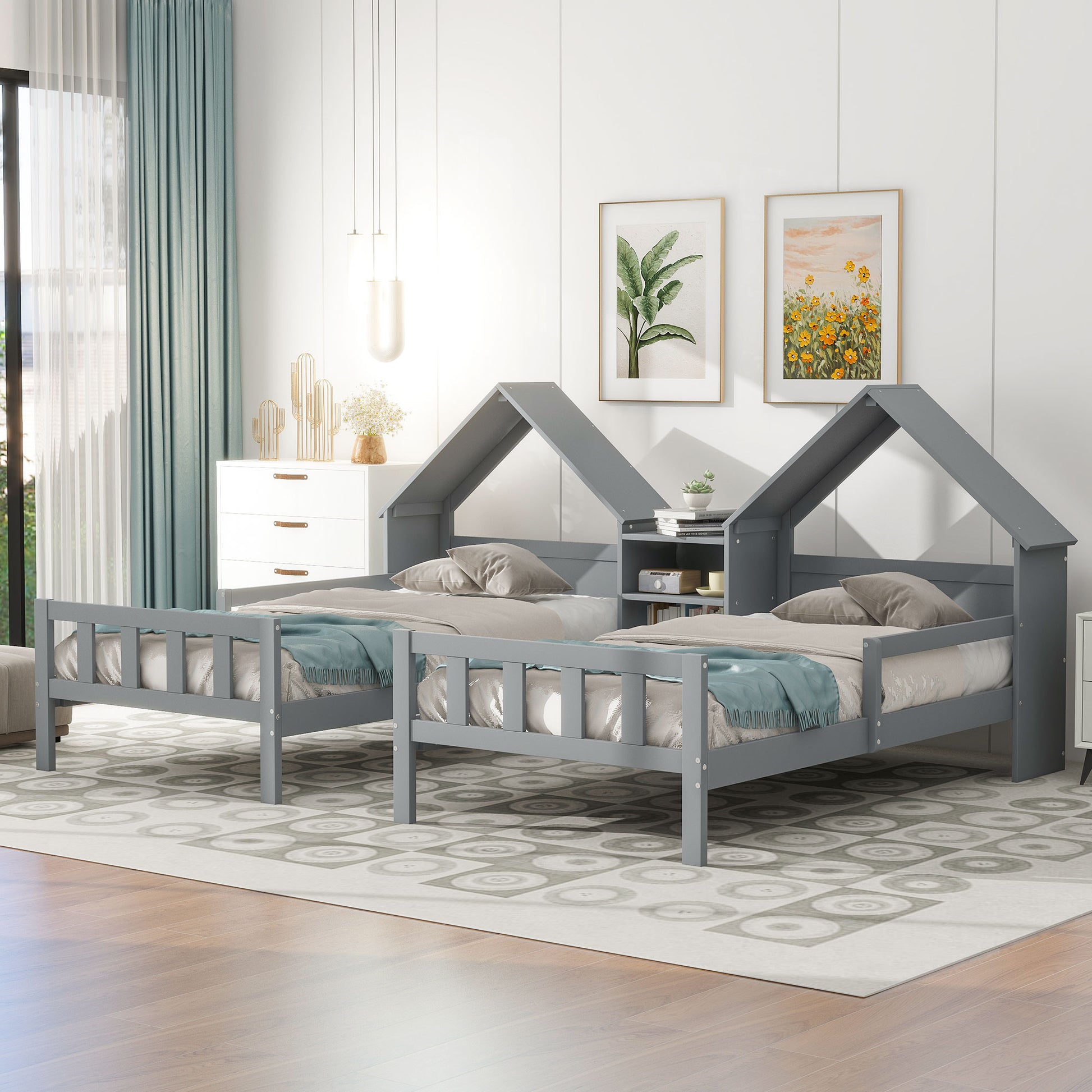 ModernLuxe Double Twin Size Platform Bed with Houseshaped Headboard and a Builtin Nightstand Grey