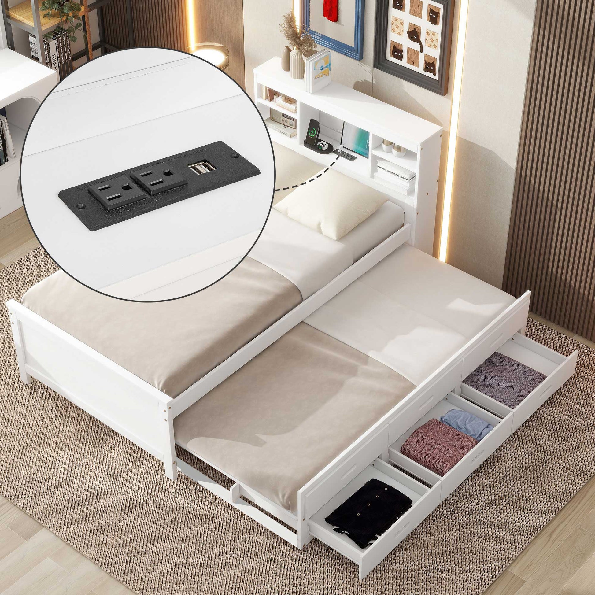 ModernLuxe Twin Size Platform Bed with Storage Headboard USB Twin Size Trundle and 3 Drawers White