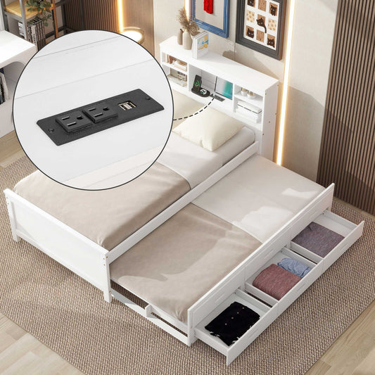 ModernLuxe Twin Size Platform Bed with Storage Headboard USB Twin Size Trundle and 3 Drawers White