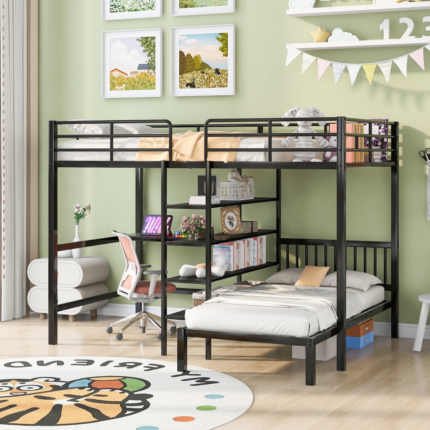 ModernLuxe Full Over Twin Metal Bunk Bed with Builtin Desk Shelves and Ladder Black