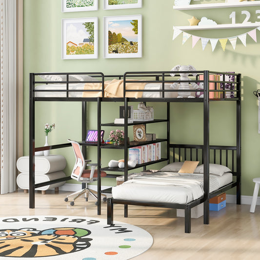 ModernLuxe Full Over Twin Metal Bunk Bed with Builtin Desk Shelves and Ladder Black
