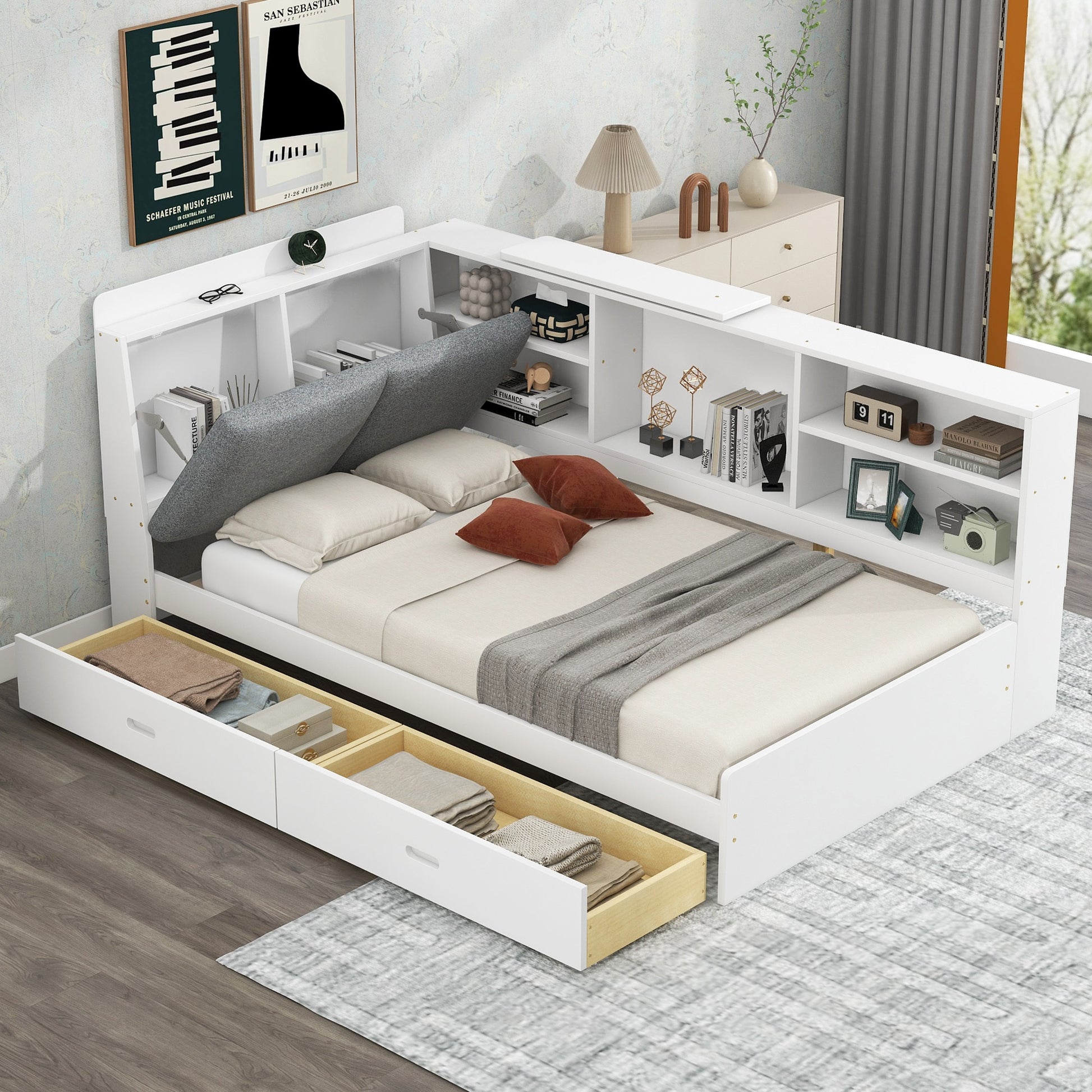 ModernLuxe Wood Twin Size platform bed with Storage Headboard Shelves and 2 Drawers White