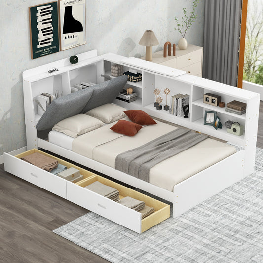 ModernLuxe Wood Twin Size platform bed with Storage Headboard Shelves and 2 Drawers White