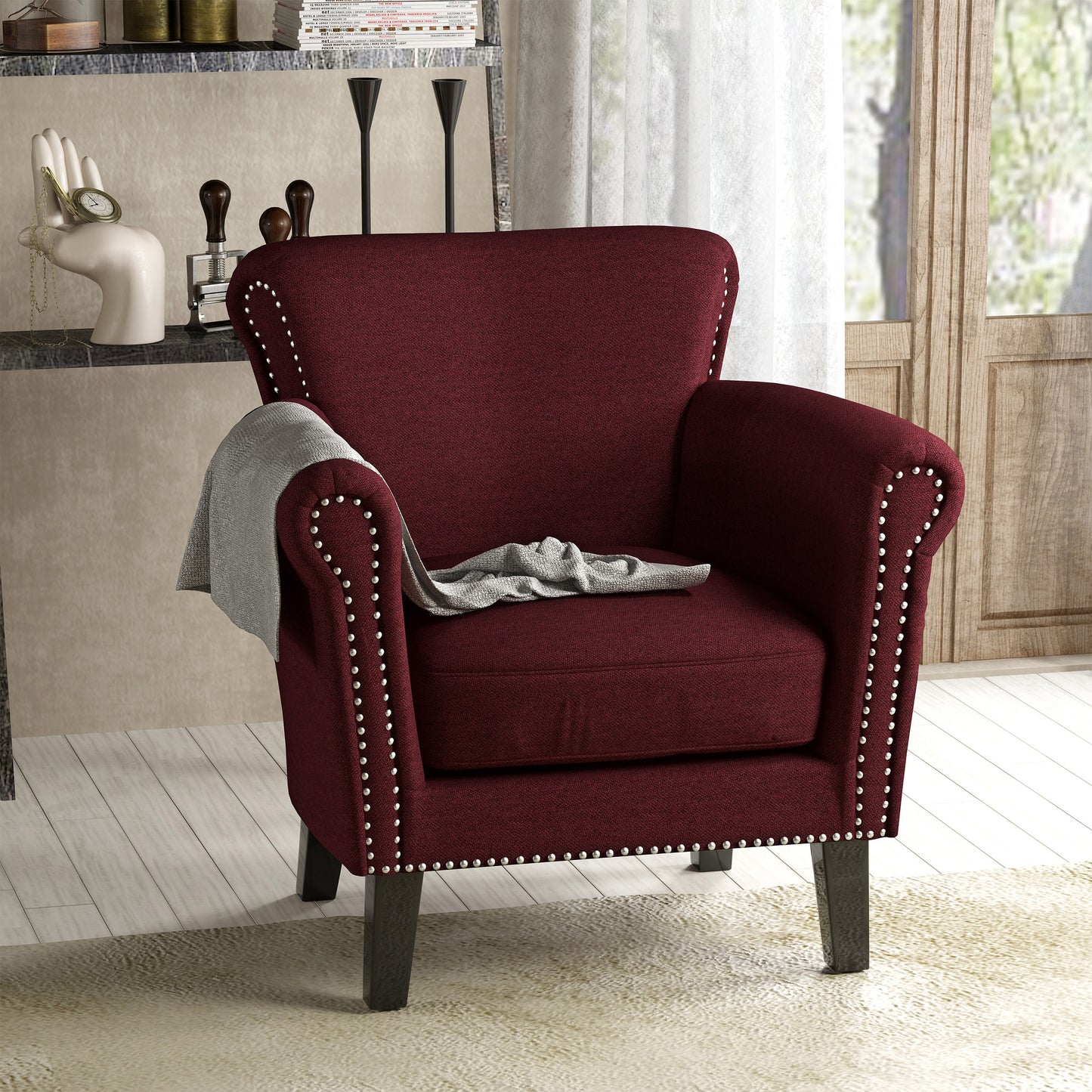 Christopher Knight Home Brice Contemporary Scroll Arm Club Chair with Nailhead Trim-Wine + Dark Brown