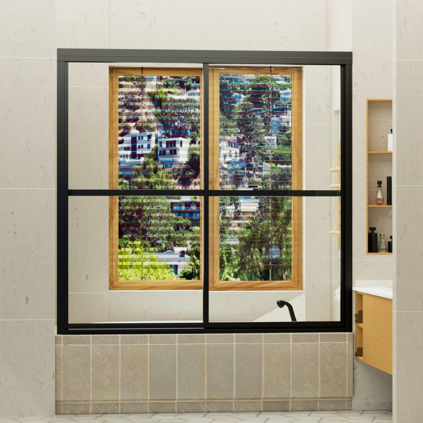 WELLFOR Matte Black 55-in to 59-in W x 56-in H Framed Clear Glass Bypass Sliding Bathtub door