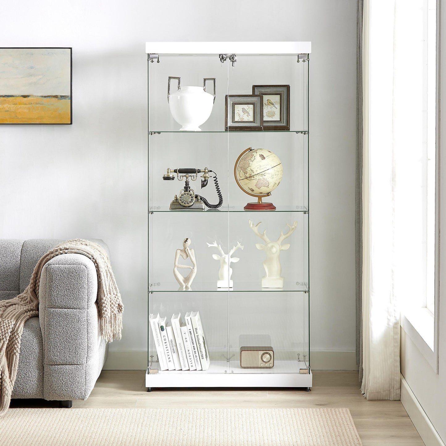 Dexmalle  4 tier white glass display cabinet