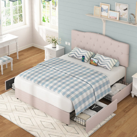 Vecelo Queen Size Bed Frame with Storage Drawers and Charging Ports Upholstered Platform Bed Frame with Adjustable Headboard Beige