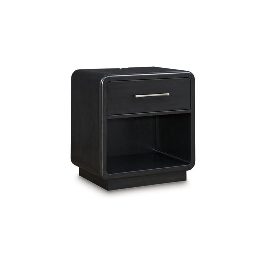 Signature Design by Ashley Rowanbeck Black Nightstand with LED Light USB Charging and Drawer