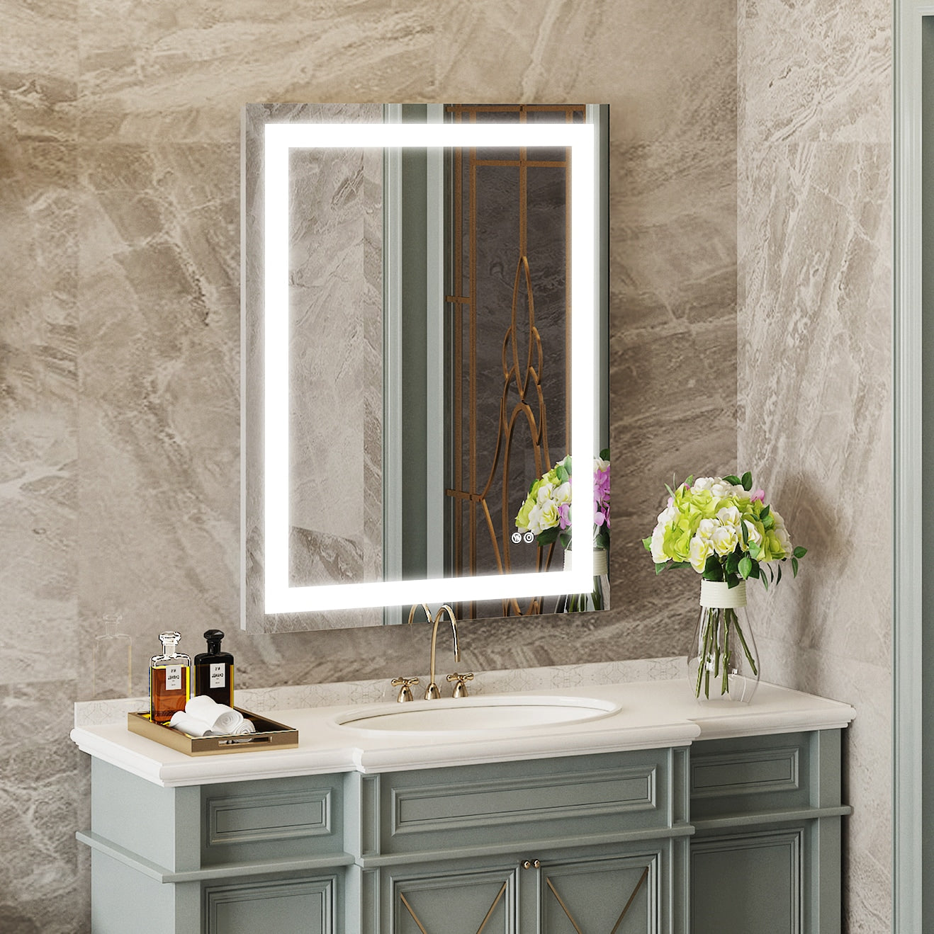 CALVON Dimmer LED Mirror 28-in x 36 Polished Frameless Rectangle Dimmable LED Lighted Fog Free Bathroom Vanity Mirror ( Silver )