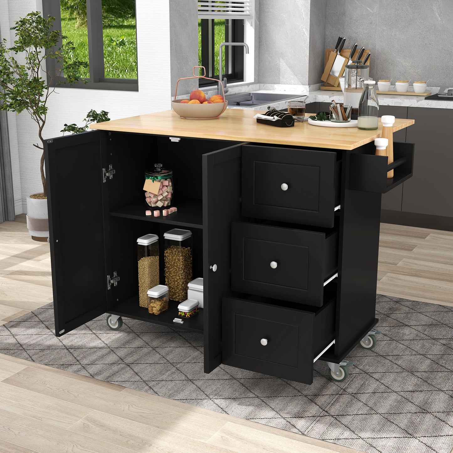 Best Selling Home Decor Black MDF Base with MDF Rolling Kitchen Island ( 29.5-in x 52.76-in x 36.81-in )