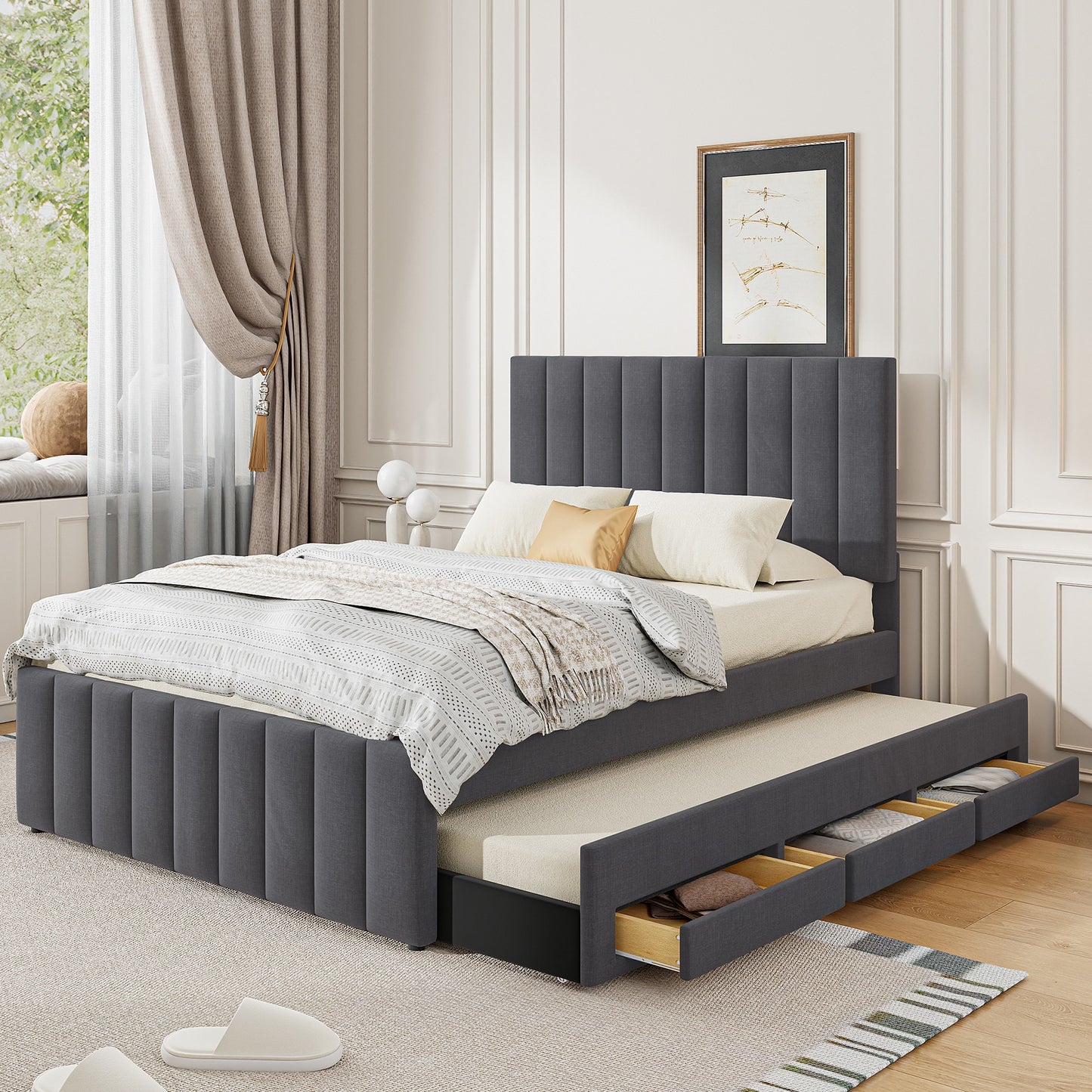 ModernLuxe Full Size Upholstered Platform Bed with Twin Size Trundle and 3 Drawers Linen Fabric Gray