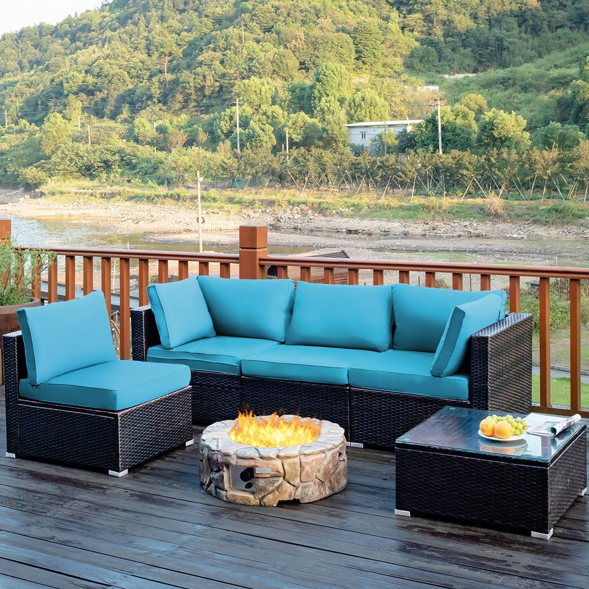 Costway  5PCS Patio Rattan Furniture Set Cushioned Sofa and Chair w/CoffeeTable Turquoise