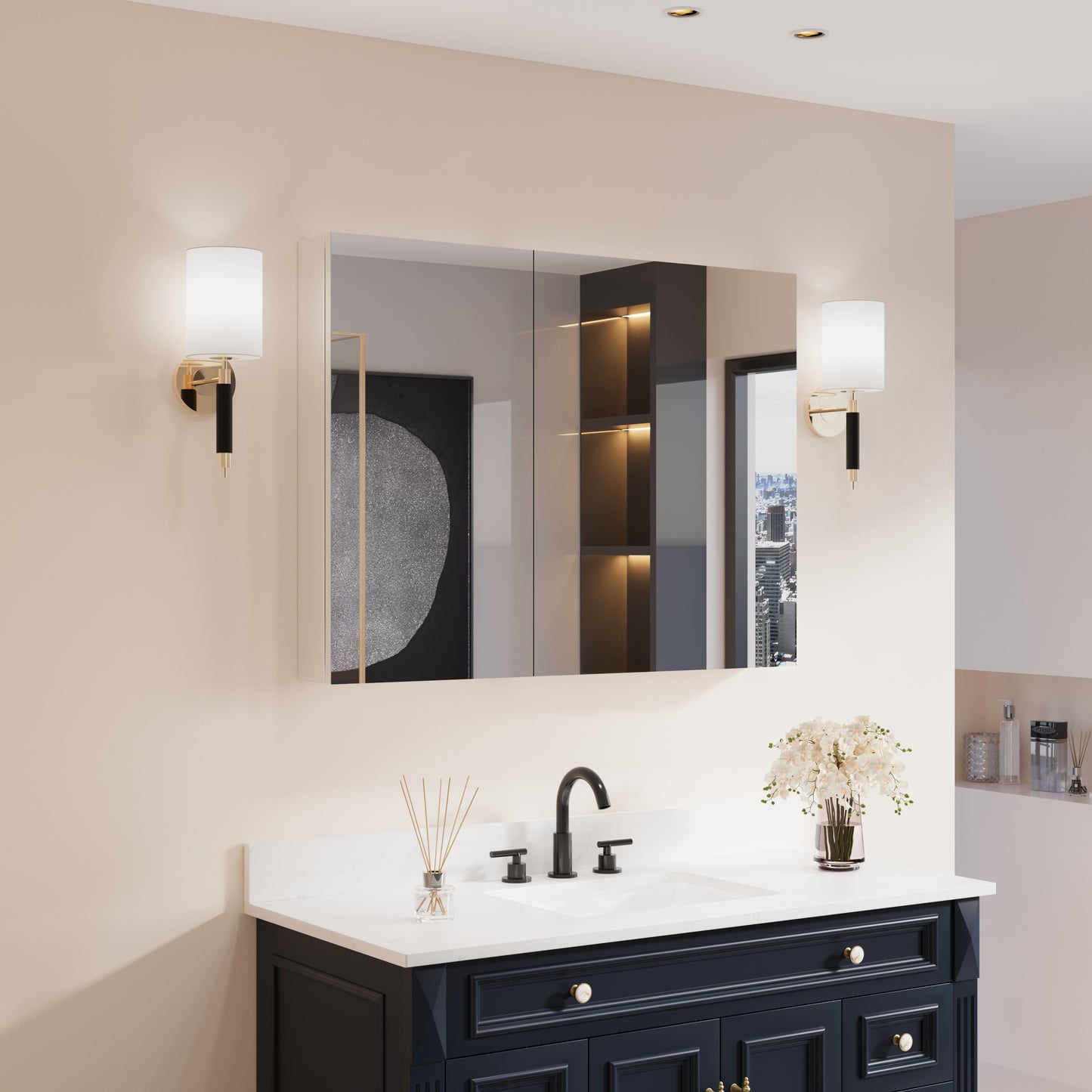 Forclover Medicine Cabinet 40-in x 30-in Surface/Recessed Mount Chrome Aluminum Mirrored Rectangle Soft Close Medicine Cabinet