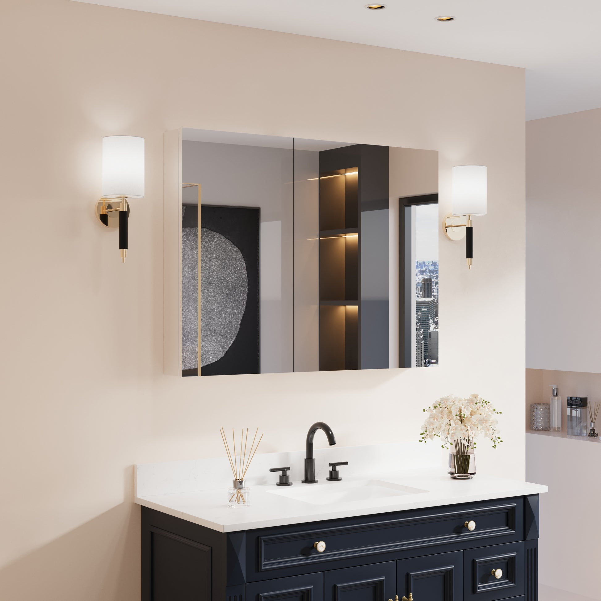 Forclover Medicine Cabinet 40-in x 30-in Surface/Recessed Mount Chrome Aluminum Mirrored Rectangle Soft Close Medicine Cabinet