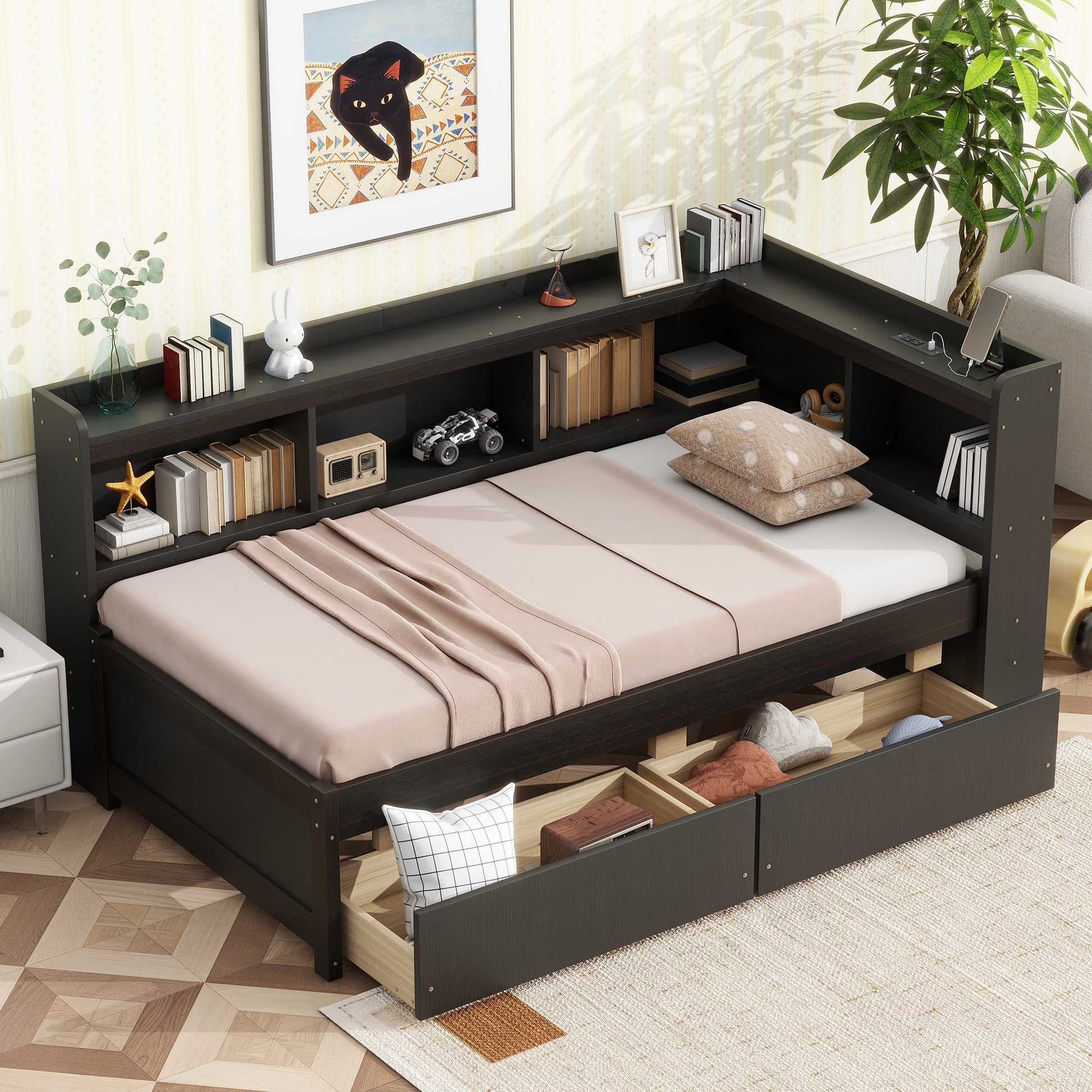 LOVMOR Twin Size L-shaped Bookcases Bed with Power Outlets  USB Charging Ports Two Drawers Espresso