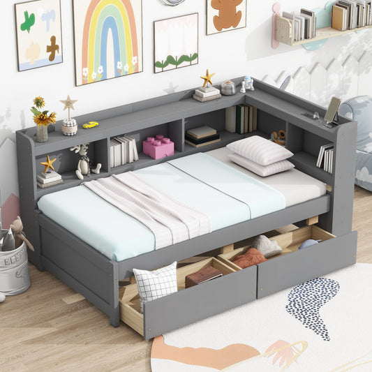 LOVMOR Twin Size L-shaped Bookcases Bed with Power Outlets  USB Charging Ports Two Drawers Grey