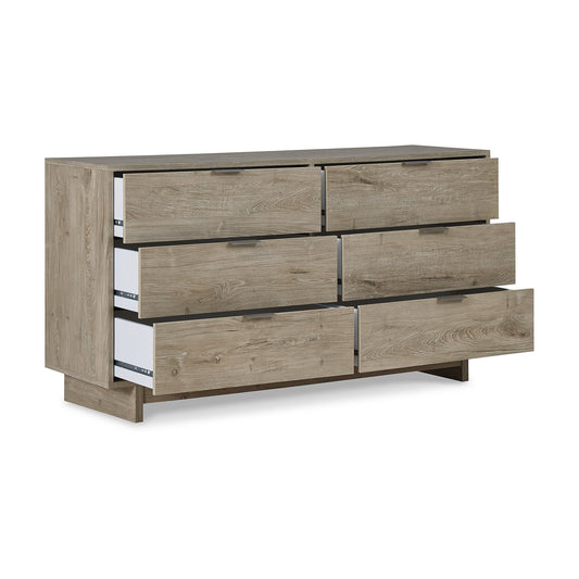 Signature Design by Ashley Oliah 6 Drawer Dresser Contemporary Style Natural Oak Grain Finish with Brushed Nickel Tab Pulls