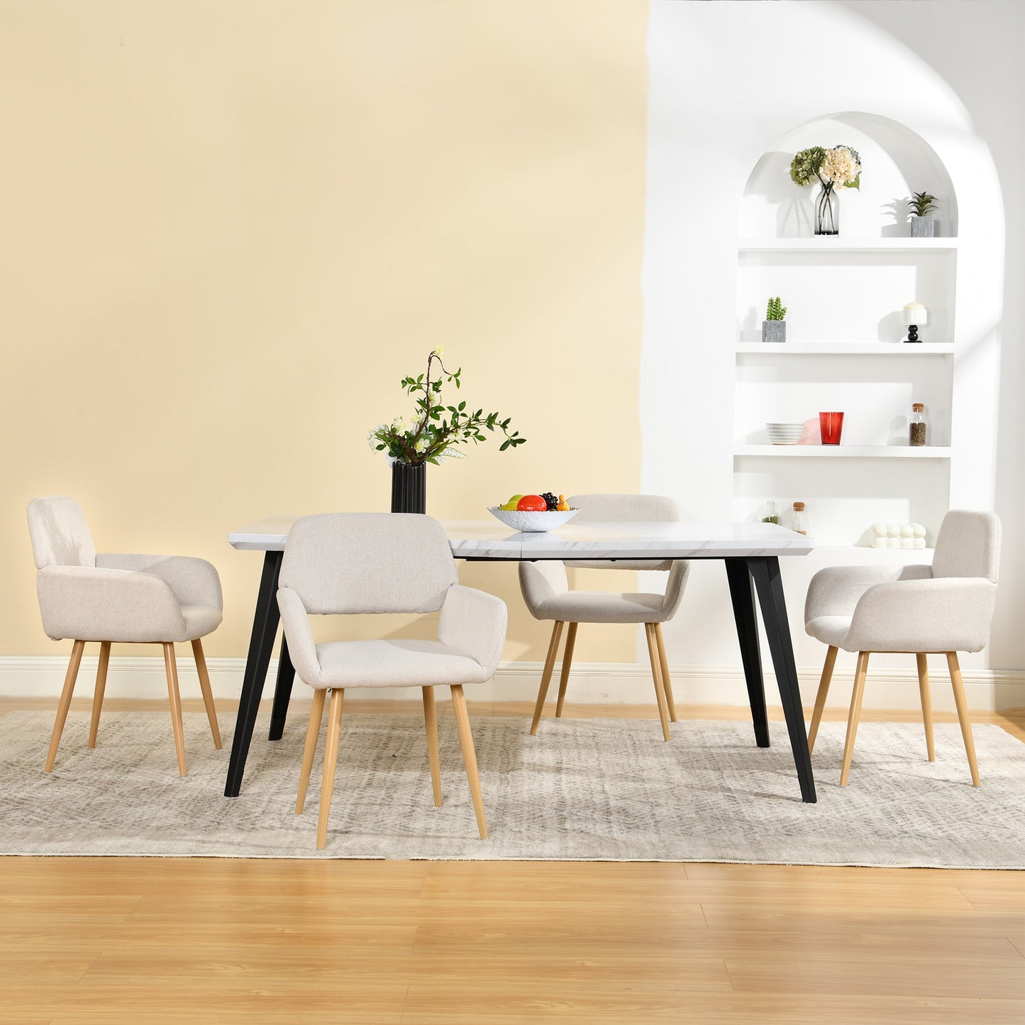 Homy Casa Beige Upholstered Dining Chair with Oak Color Metal Legs and High Back (Set of 4)