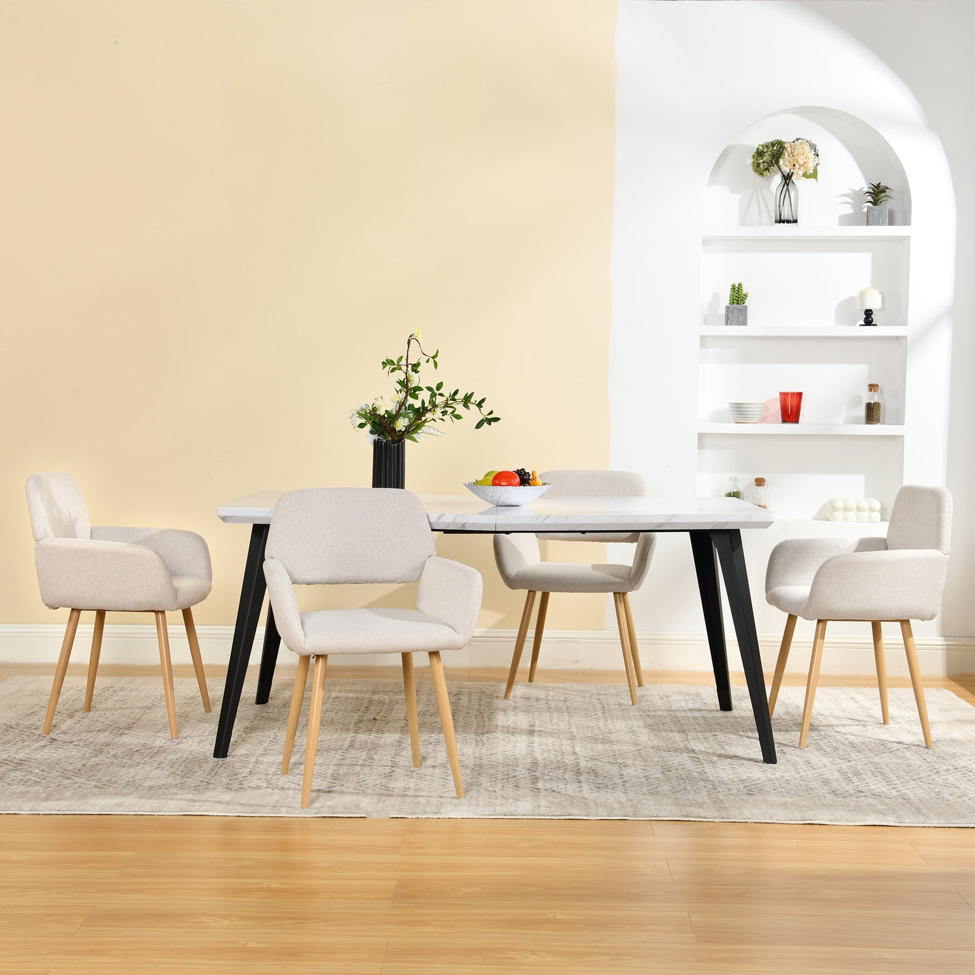 Homy Casa Beige Upholstered Dining Chair with Oak Color Metal Legs and High Back (Set of 4)