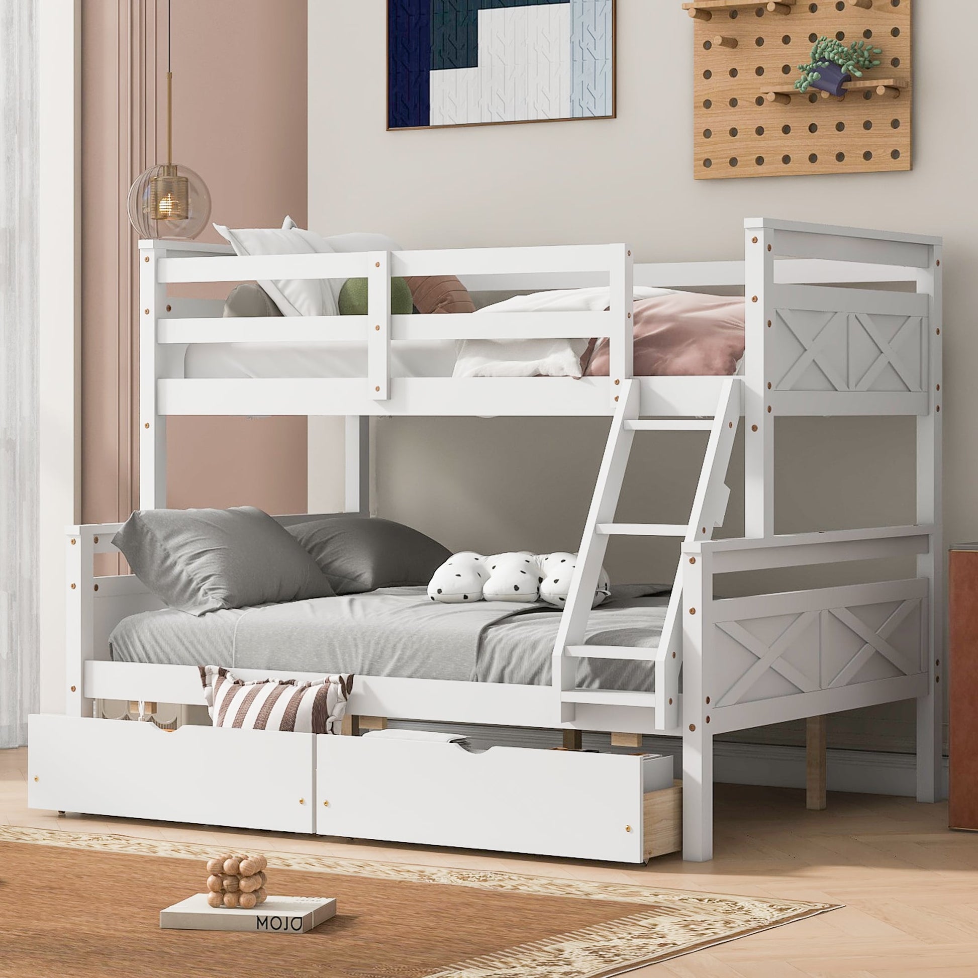 LOVMOR Twin over Full Bunk Bed with Ladder Two Storage Drawers Safety Guardrail White