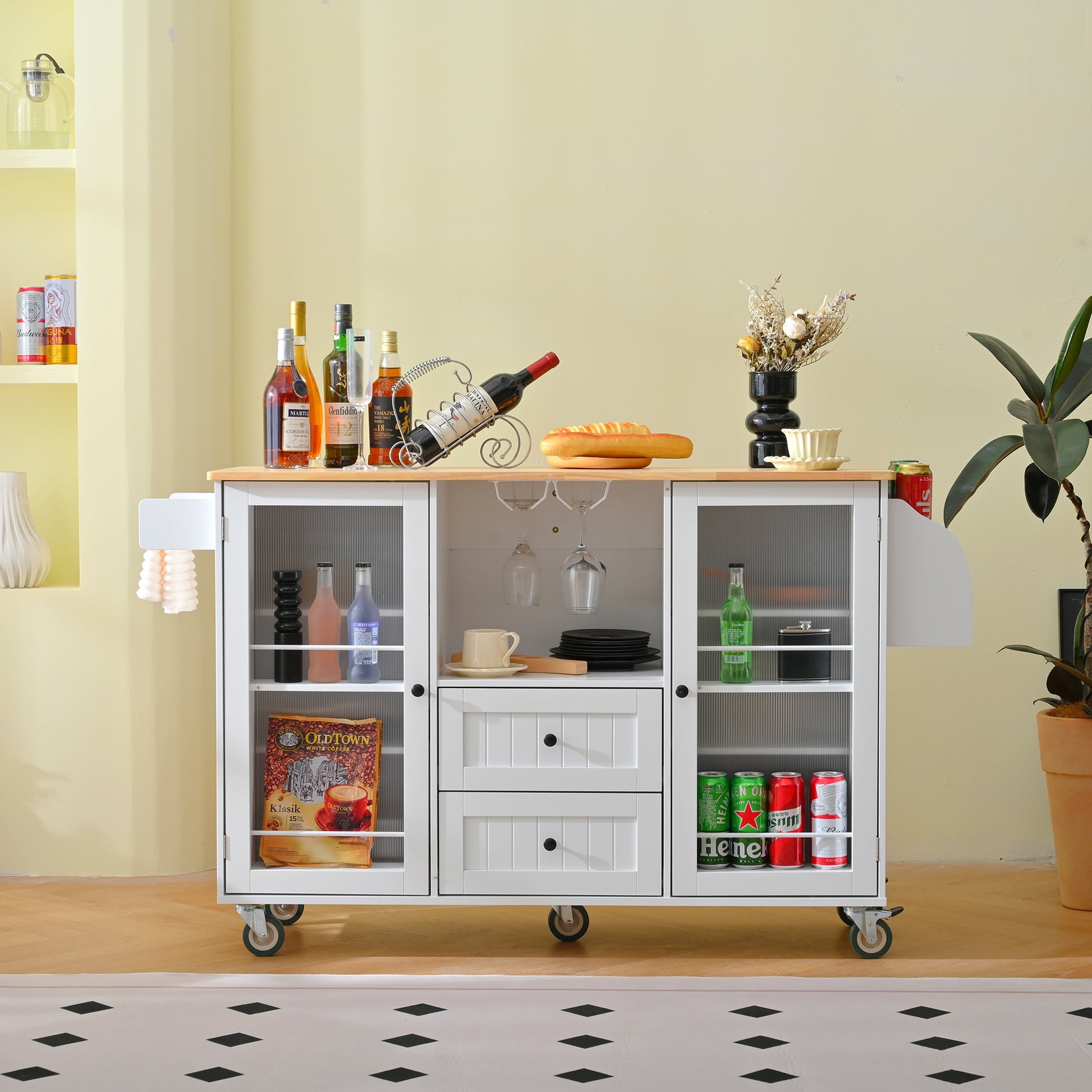 LOVMOR Mobile Kitchen Island Storage Trolley Cart on Wheels with Dropleaf Top Towel/Spice Rack2 Drawers 2-Door Cabinet White