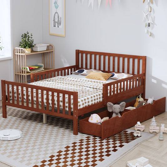 LOVMOR Full Size Wood Platform Bed with Guardrails on Both Sides and Two Storage Drawers Walnut