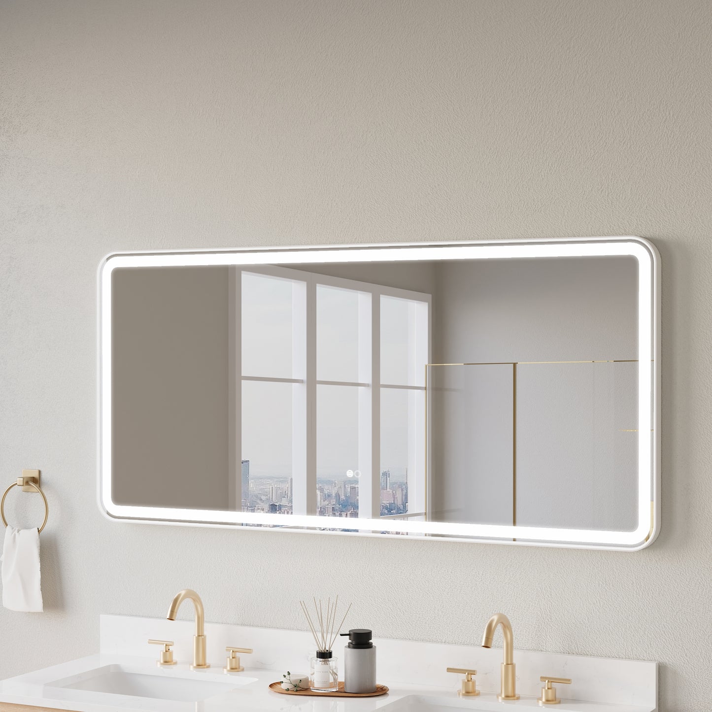 CALVON 60-in x 28-in Framed Rectangle Dimmable LED Lighted Fog Free Bathroom Vanity Mirror ( White )