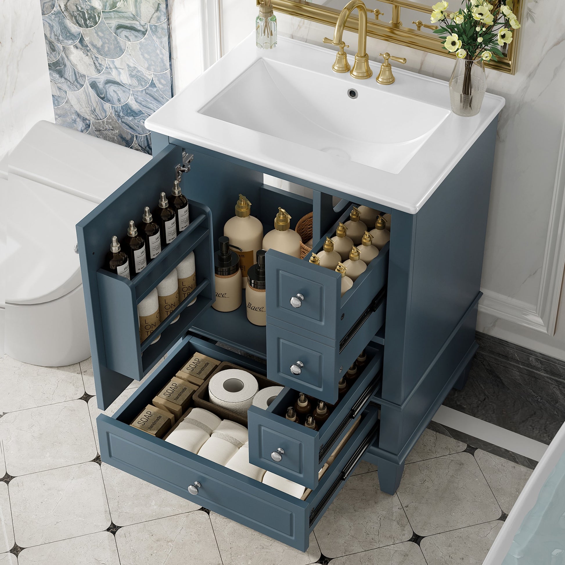 ModernLuxe 24inch Bathroom Vanity with Sink and Drawers Gray Blue Freestanding Vanity Cabinet with Ceramic Top and Storage Shelves MDF and Solid Wood Base Modern Sink Cabinet for Small Bathrooms